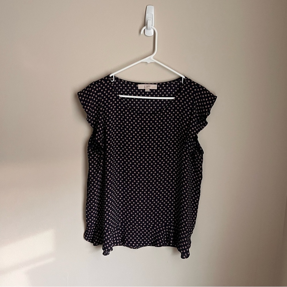 LOFT navy and pink Ruffle Sleeve Blouse